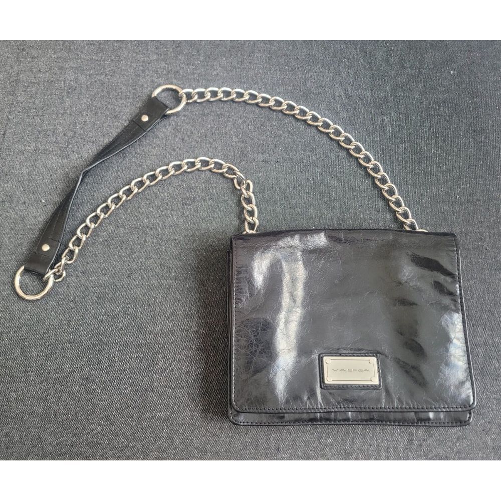 90s Y2K Via Spiga Black Shoulder Crossbody Bag Purse‎ Leather Chain Goth Grunge